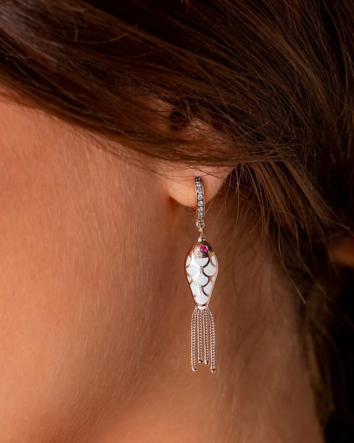 Selim Mouzannar Earrings-Fish For Love Earring Green & Ivorydiamonds - Rubies