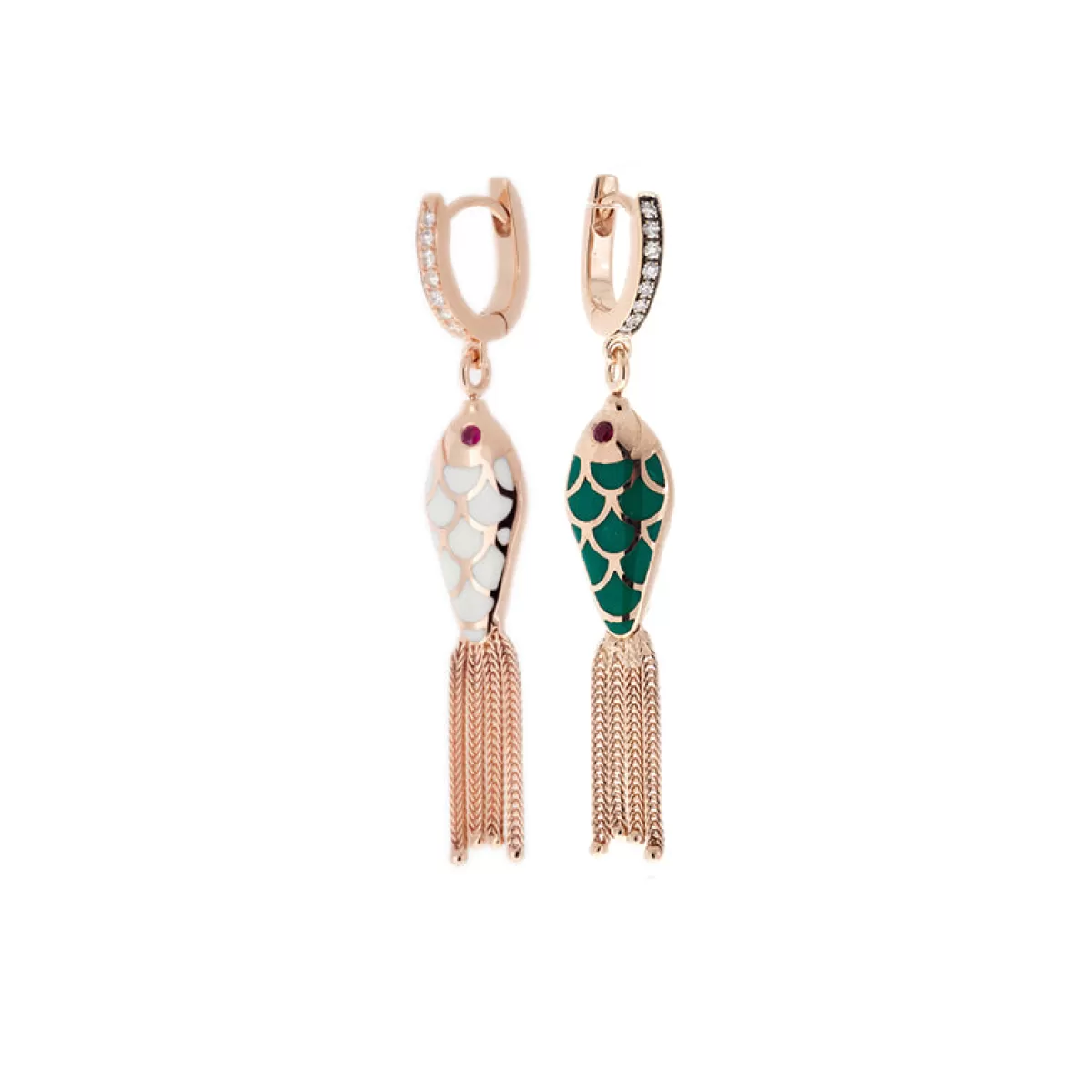 Selim Mouzannar Earrings-Fish For Love Earring Green & Ivorydiamonds - Rubies