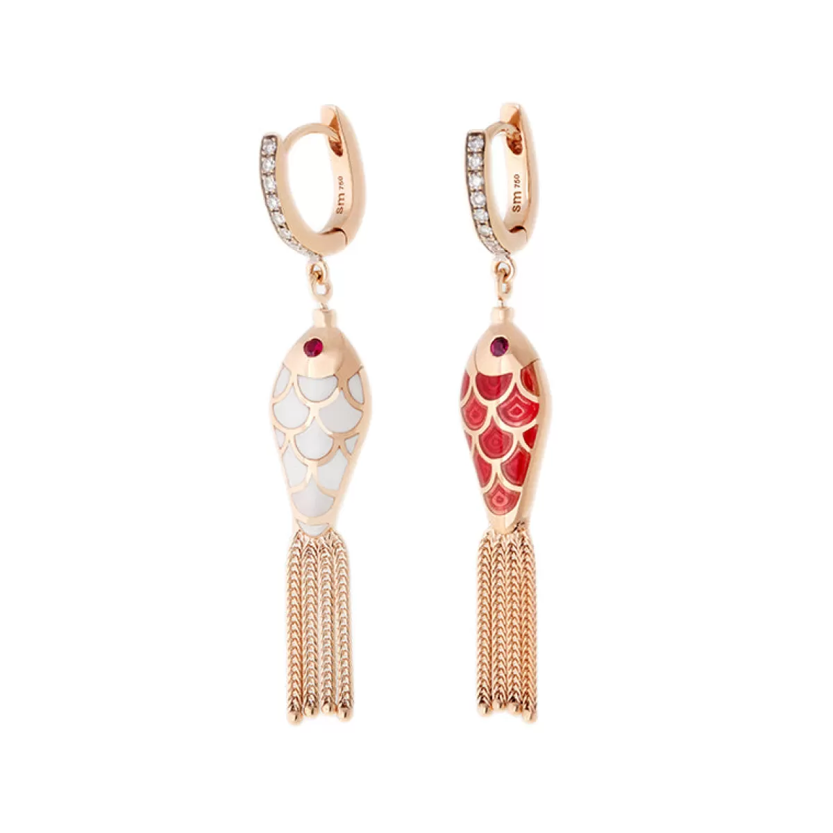Selim Mouzannar Earrings-Fish For Love Earring Ivory & Rusty Reddiamonds - Rubies