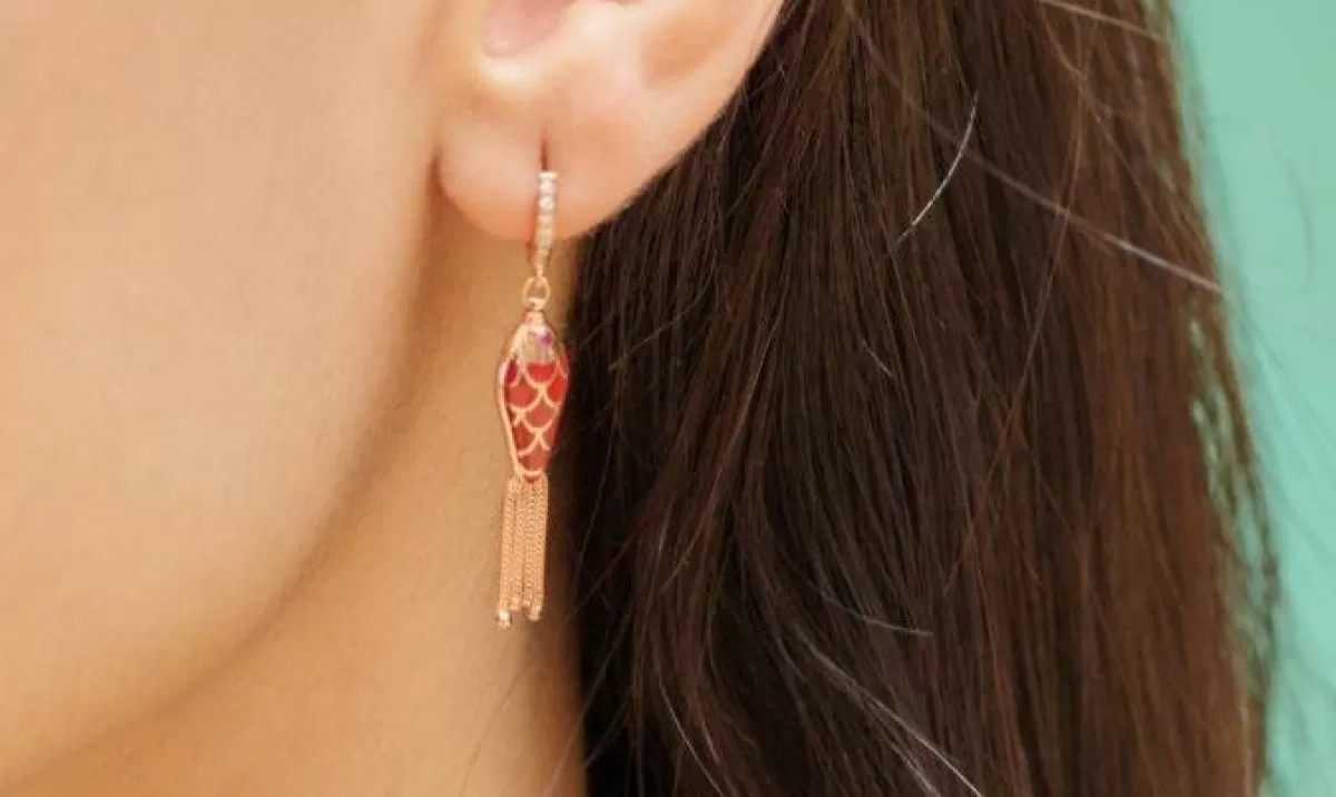 Selim Mouzannar Earrings-Fish For Love Earring Light & Dark Rusty Red Diamonds - Rubies
